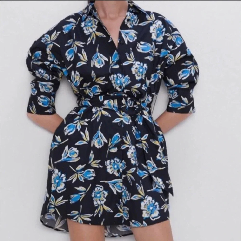 LZara Floral Mini Dress/black/ Blue medium - Picture 1 of 7